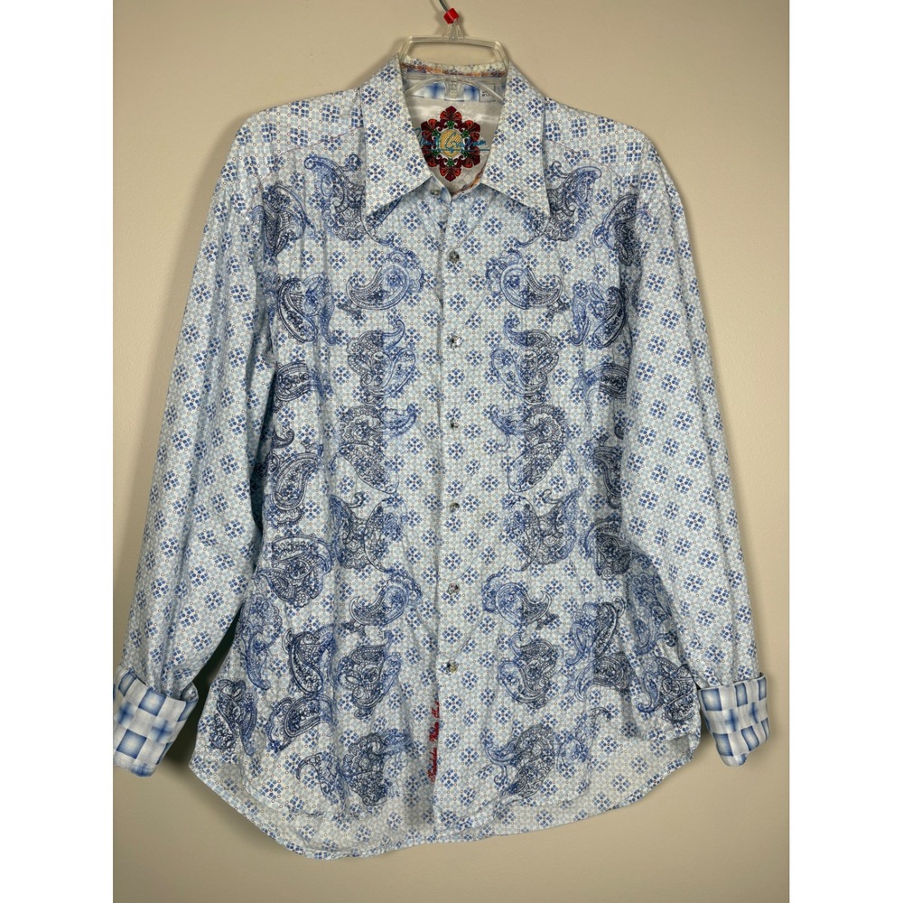 Robert Graham Mens XL Blue White Paisley Embroidered Cotton Button Down Shirt